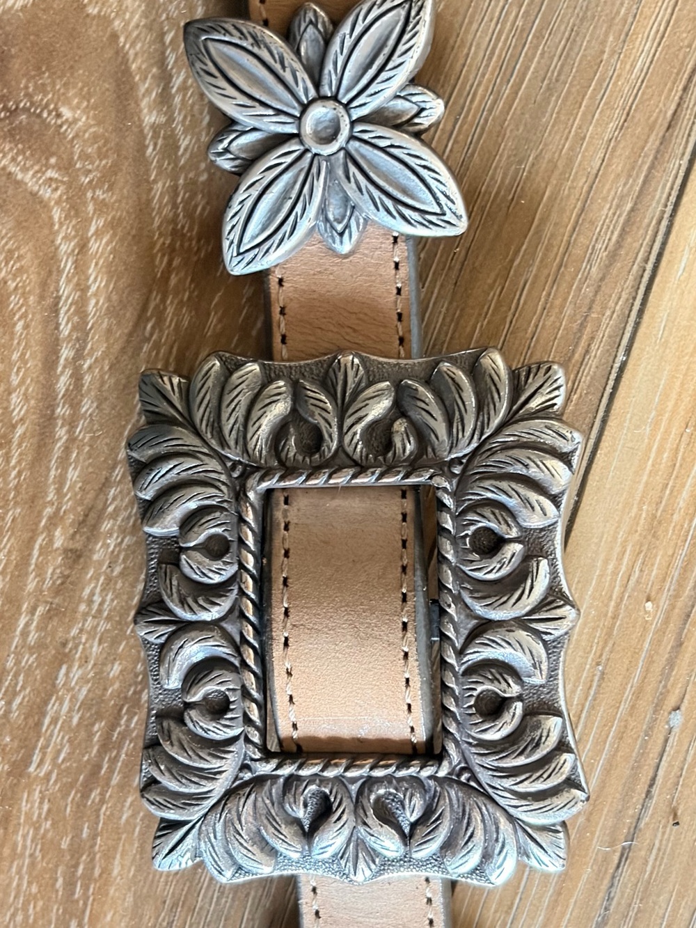 Vintage 1994 Brighton Leather Concho Belt Silver Floral Western Southwestern